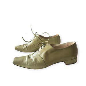 Michel Perry Square Toe Lace Up Flats, Green, Size 37.5 EU